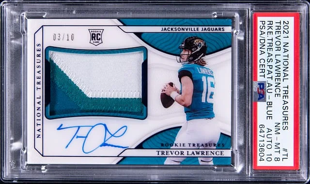 2021 Panini National Treasures Trevor Lawrence Treasures Patch Autograph Blue #RT-TL card image