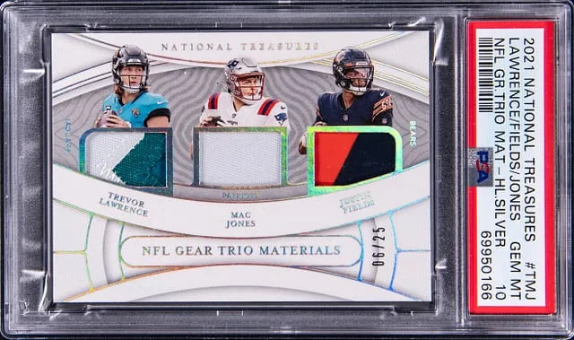 2021 Panini National Treasures Trevor Lawrence/Justin Fields/Mac Jones NFL Gear Trio Materials #TMJ card image