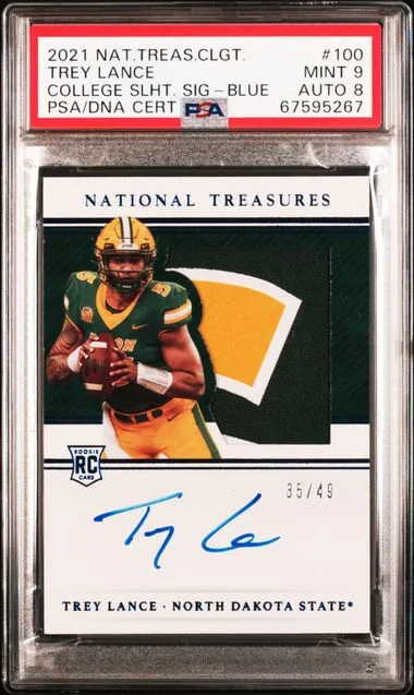 2021 Panini National Treasures Trey Lance Collegiate College Silhouettes Signatures Blue #100 card image