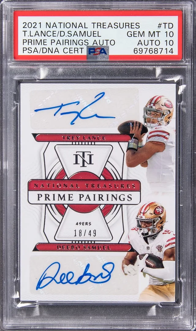2021 Panini National Treasures Trey Lance/Deebo Samuel Prime Pairings Autographs #PR-TD card image