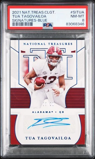 2021 Panini National Treasures Tua Tagovailoa Collegiate Signatures Blue #SITUA card image