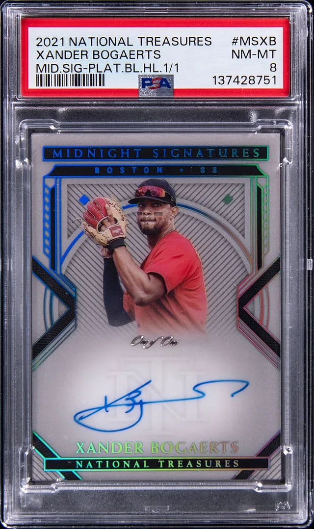 2021 Panini National Treasures Xander Bogaerts Midnight Signatures Platinum Blue Holo #MS-XB card image