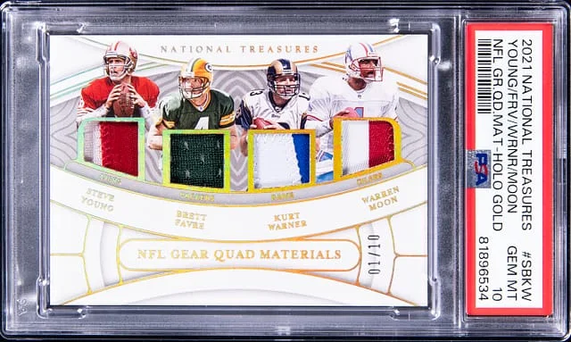 2021 Panini National Treasures Young/Favre/Warner/Moon NFL Gear Quad Material Holo Gold #QM-SBKW card image