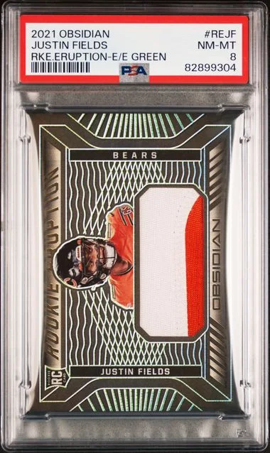 2021 Panini Obsidian Eruption Electric Etch Green Rejf Justin Fields #no-number card image