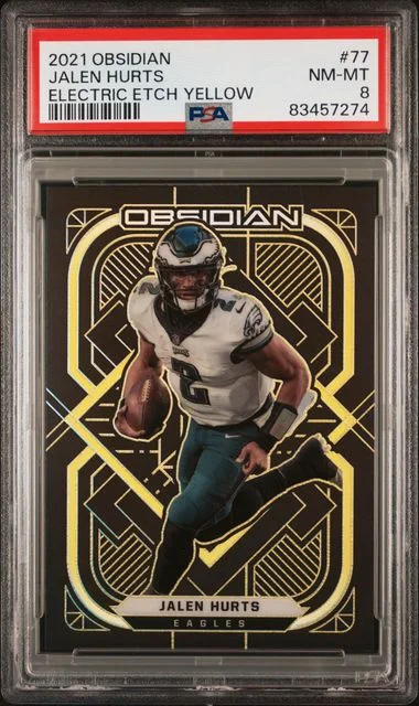 2021 Panini Obsidian Jalen Hurts Electric Etch Yellow #77 card image