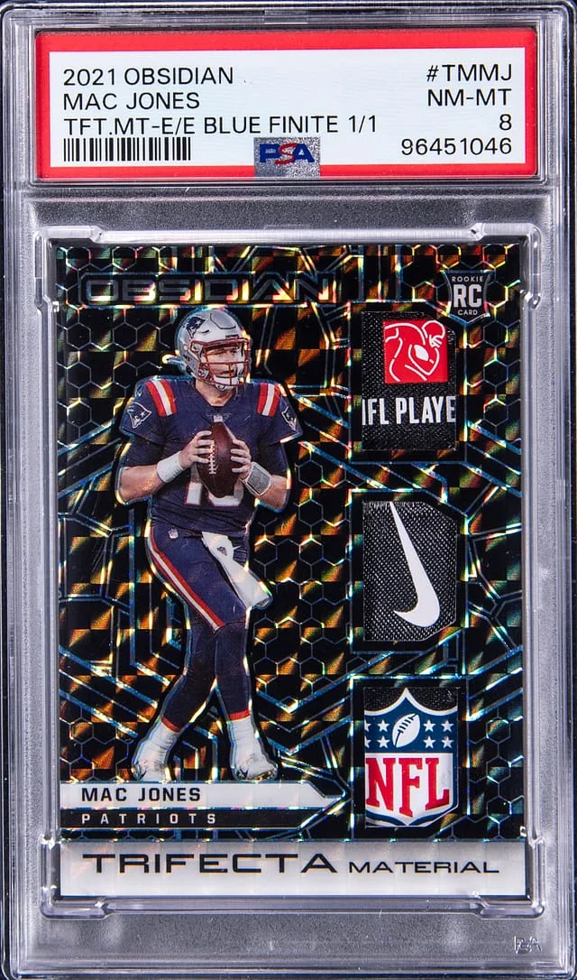 2021 Panini Obsidian Mac Jones Trifecta Material Electric Etch Blue Finite #TM-MJ card image