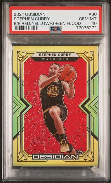 2021 Panini Obsidian Stephen Curry Electric Etch Red/Yellow/Green Flood #30 card image