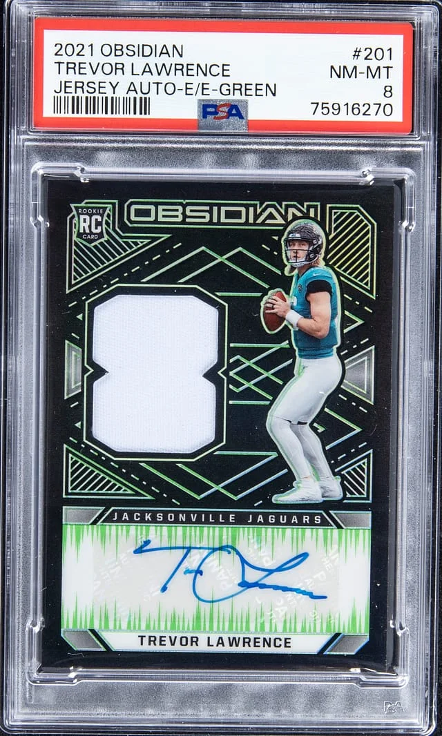 2021 Panini Obsidian Trevor Lawrence Jersey Autograph Electric Etch Green #201 card image