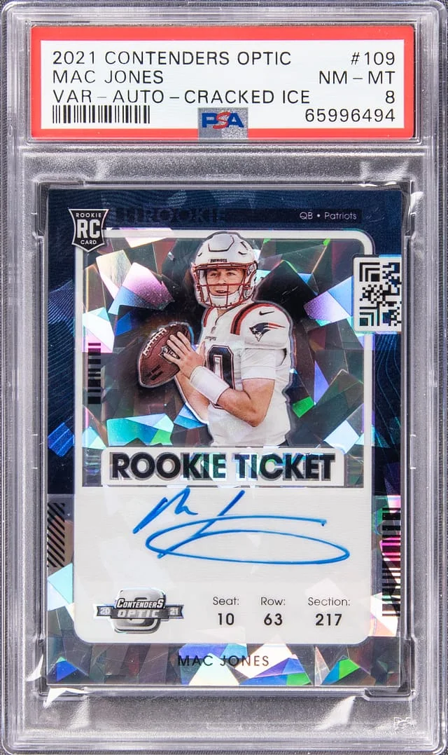 2021 Panini Optic Mac Jones Contenders Ticket Autograph Cracked Ice #147 card image
