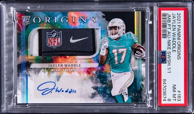2021 Panini Origins Jaylen Waddle Jumbo Patch Autograph Nike Swoosh #163 card image