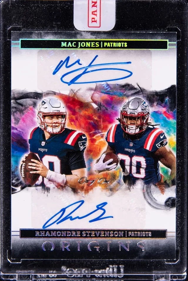 2021 Panini Origins Mac Jones/Rhamondre Stevenson Dual Autographs Black #DRA-NP card image
