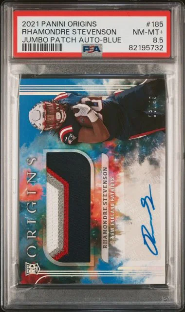 2021 Panini Origins Rhamondre Stevenson Jumbo Patch Autograph-Blue #185 card image