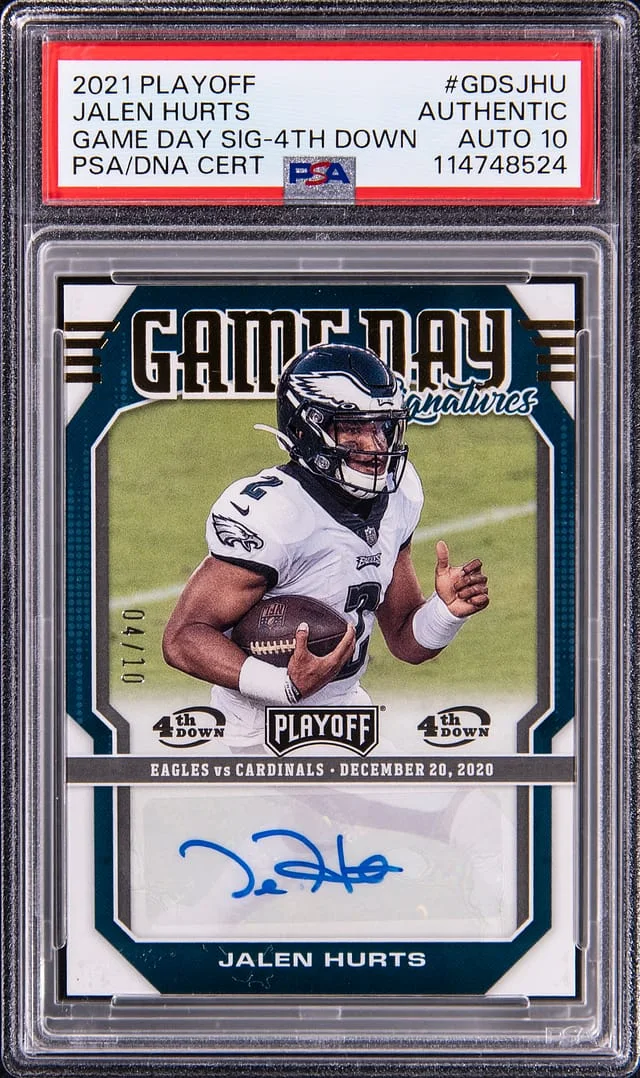 2021 Panini Playoff Jalen Hurts Game Day Signature 4th Down #GDS-JHU card image