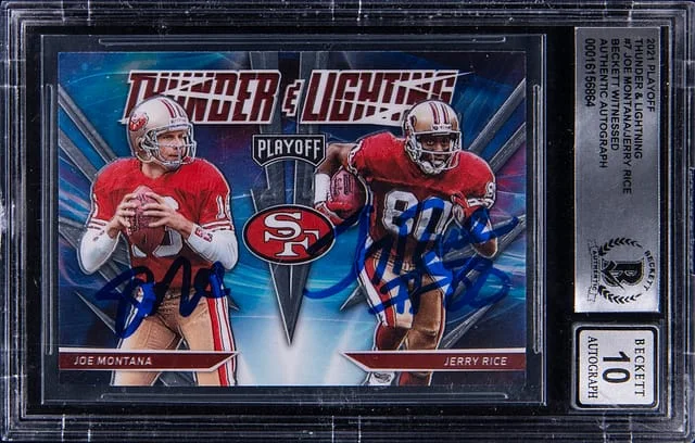 2021 Panini Playoff Joe Montana/Jerry Rice Thunder & Lightning #7 card image