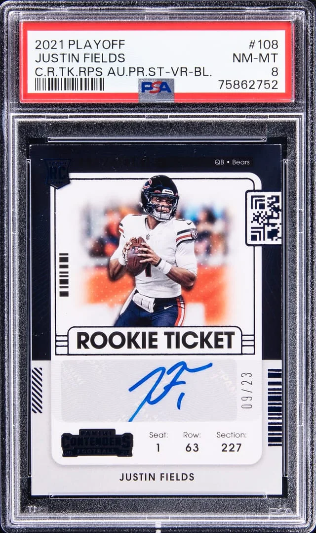 2021 Panini Playoff Justin Fields Contenders Ticket RPS Autograph Preview Variation Blue #108 card image