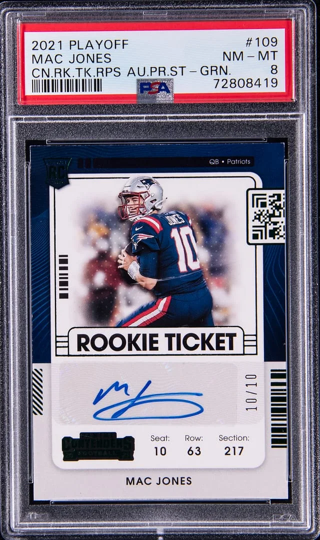 2021 Panini Playoff Mac Jones (#Jersey Number 10/10) Contenders Ticket Rps Autograph Preview Set Green #109 card image
