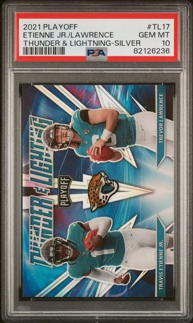 2021 Panini Playoff Travis Etienne Jr./Trevor Lawrence Thunder & Lightning Silver #TL17 card image