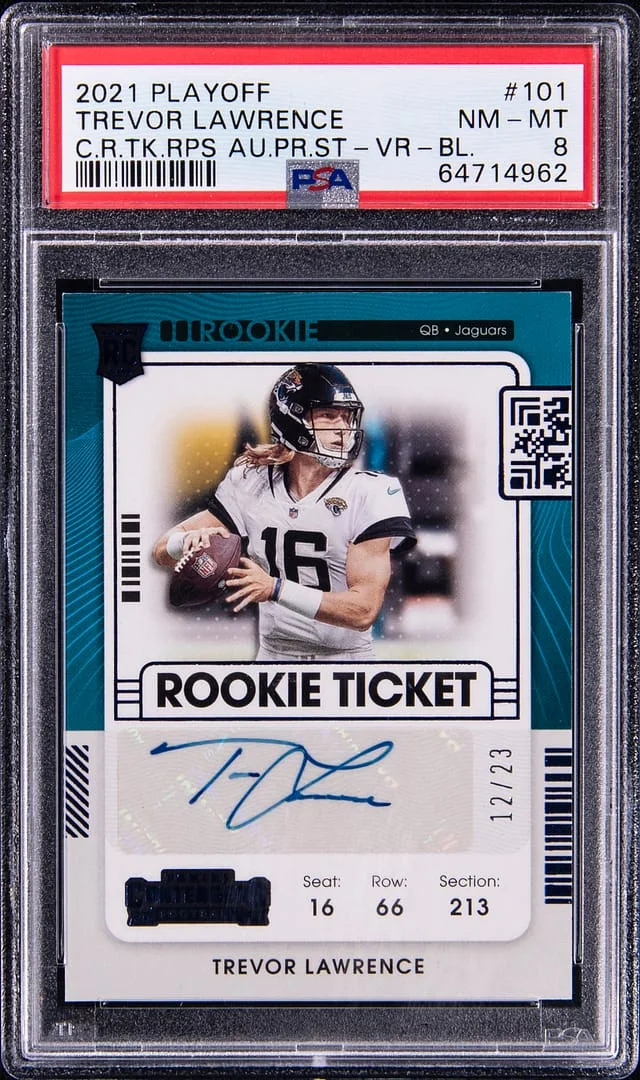2021 Panini Playoff Trevor Lawrence Contenders Ticket Autograph Preview Variation Blue #101 card image