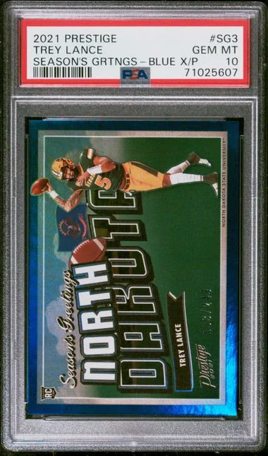 2021 Panini Prestige Trey Lance Season's Greetings Blue Xtra Points #SG3 card image