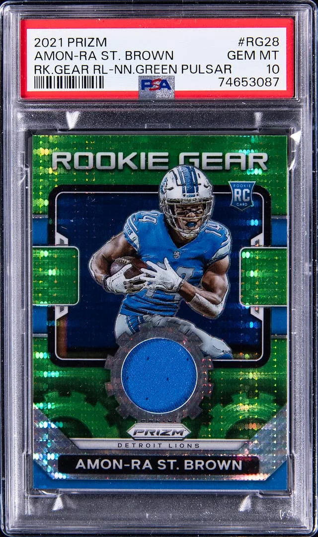 2021 Panini Prizm Amon-Ra St. Brown Gear Relics Neon Green Pulsar #RG28 card image