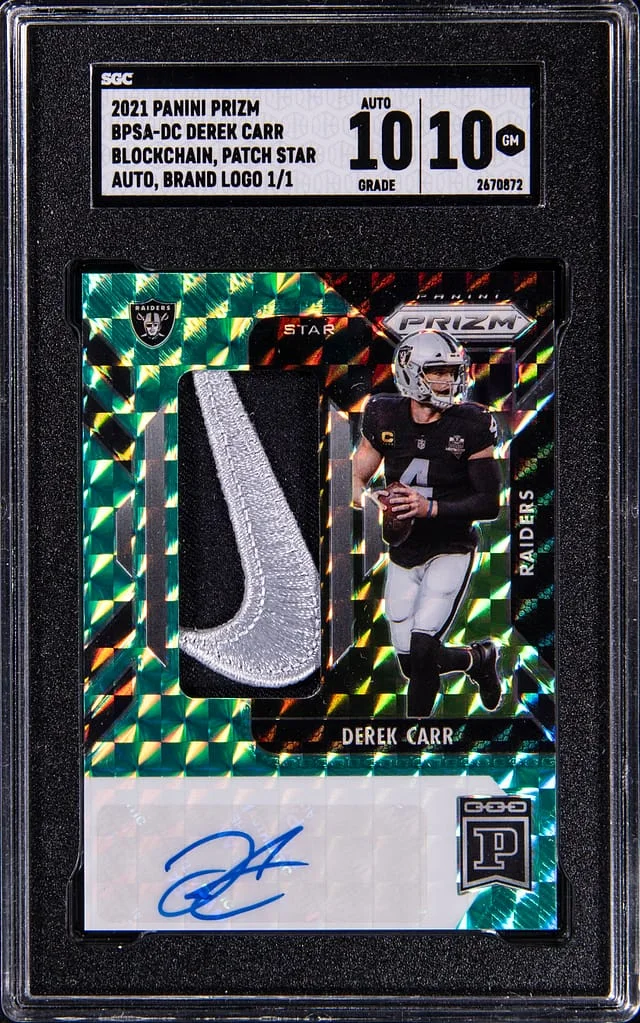 2021 Panini Prizm Derek Carr Blockchain Patch Star Autograph Brand Logo #BPSA-DC card image