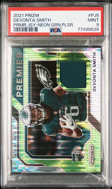 2021 Panini Prizm Devonta Smith Premier Jersey Neon Green Pulsar #Pj5 card image