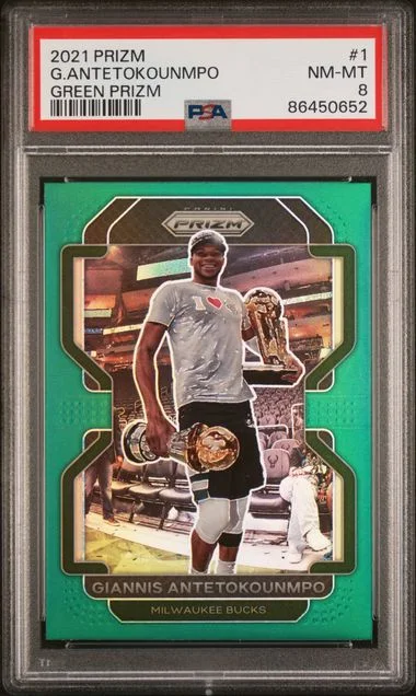 2021 Panini Prizm Giannis Antetokounmpo Green Prizm #1 card image