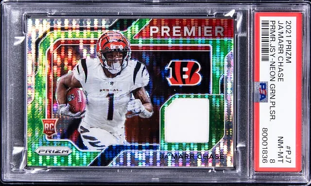 2021 Panini Prizm Ja'Marr Chase Premier Jersey Neon Green Pulsar #PJ-7 card image