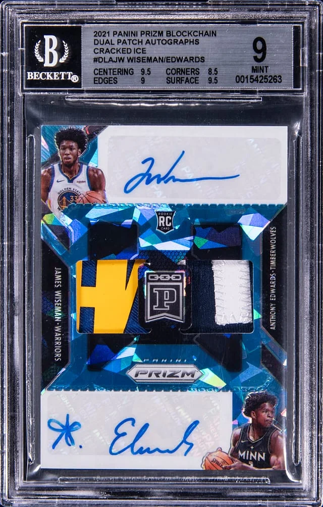 2021 Panini Prizm James Wiseman/Anthony Edwards Blockchain Dual Patch Autographs Cracked Ice #DLA-JW card image