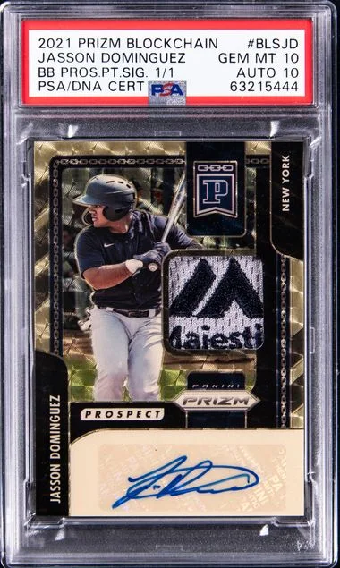 2021 Panini Prizm Jasson Dominguez Blockchain Baseball Prospects Patch Signatures #BLS-JD card image