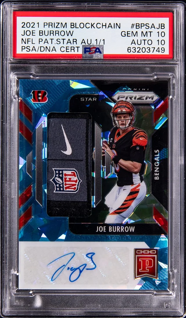 2021 Panini Prizm Joe Burrow Blockchain NFL Patch Star Autograph #BPSA-JB card image