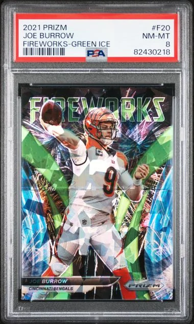 2021 Panini Prizm Joe Burrow Fireworks Green Ice #F20 card image