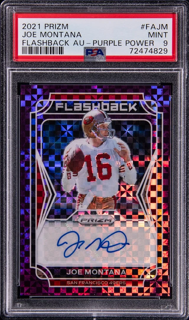 2021 Panini Prizm Joe Montana Flashback Autograph Purple Power #FA-JM card image