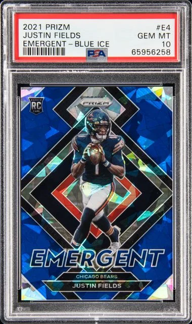 2021 Panini Prizm Justin Fields Emergent Blue Ice #E-4 card image