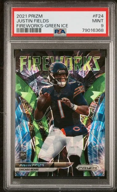 2021 Panini Prizm Justin Fields Fireworks Green Ice #F24 card image