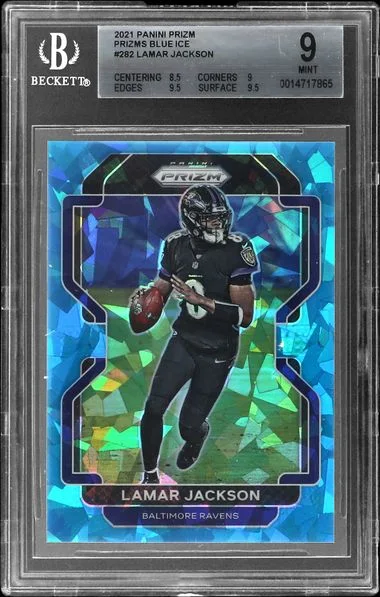 2021 Panini Prizm Lamar Jackson – Jersey Number Blue Ice Prizm #282 card image