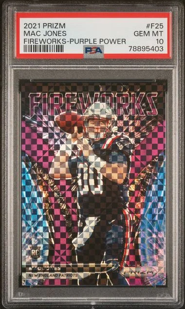 2021 Panini Prizm Mac Jones Fireworks Purple Power #F25 card image