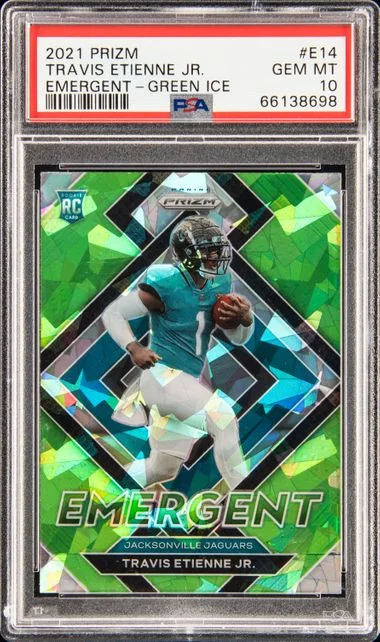 2021 Panini Prizm Travis Etienne Jr. Emergent Green Ice #E-14 card image