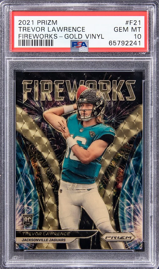 2021 Panini Prizm Trevor Lawrence Fireworks Green Ice #F-21 card image