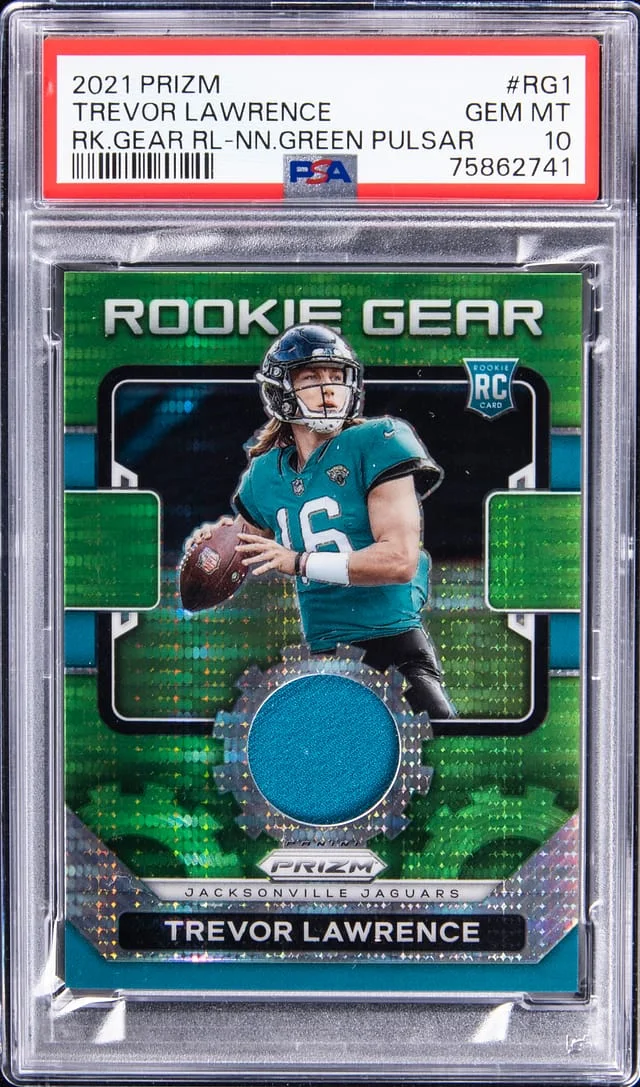 2021 Panini Prizm Trevor Lawrence Gear Relics Neon Green Pulsar #RG-1 card image