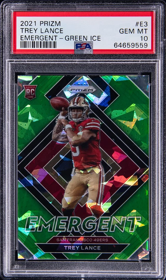 2021 Panini Prizm Trey Lance Emergent Green Ice #E3 card image