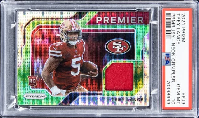 2021 Panini Prizm Trey Lance Premier Jersey Neon Green Pulsar #PJ3 card image