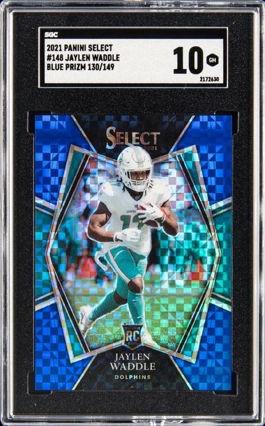 2021 Panini Select 148 Jaylen Waddle Blue Prizm #130/149 card image