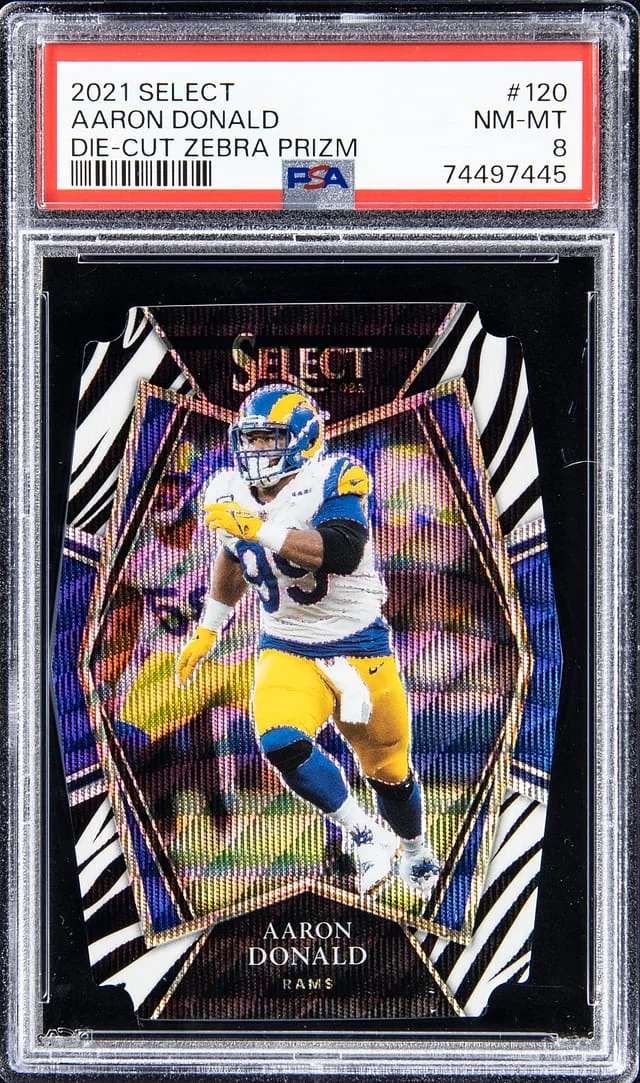 2021 Panini Select Aaron Donald Die Cut Zebra Prizm #120 card image