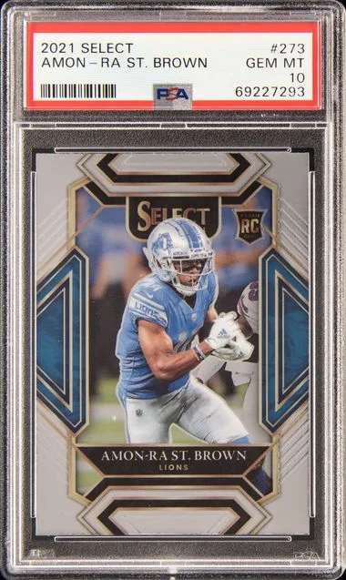 2021 Panini Select Amon-Ra St. Brown Die-Cut Red/Blue Prizm #273 card image