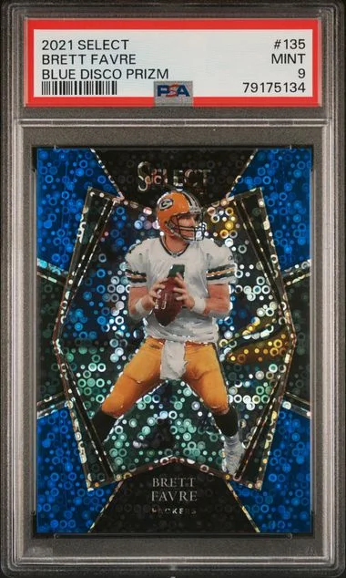 2021 Panini Select Brett Favre Blue Disco Prizm #135 card image