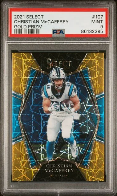 2021 Panini Select Christian Mccaffrey Gold Prizm #107 card image
