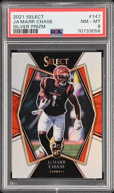 2021 Panini Select Ja'Marr Chase Die-Cut Red/Blue Prizm #147 card image