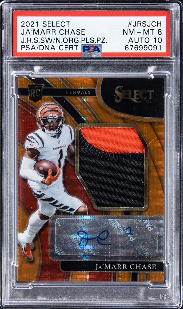 2021 Panini Select Ja'Marr Chase Jersey Signature Swatch Neon Orange Pulsar Prizm #JRS-JCH card image
