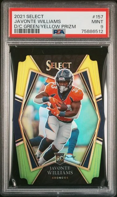 2021 Panini Select Javonte Williams Die-Cut Green/Yellow Prizm #157 card image